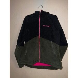 Oakley Womens Sherpa Fleece Full Zip Hoodie Black Olive Green Pink‎ Colorblock